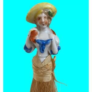 Victorian Porcelain Half Doll Whisk Broom Crumb Brush Japan 8" Yellow Hat Vtg